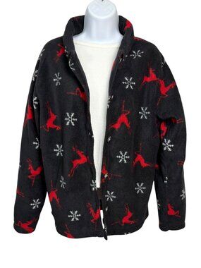 Diagonal Women’s M Reindeer Snowflake Button Front Fleece Christmas Holiday